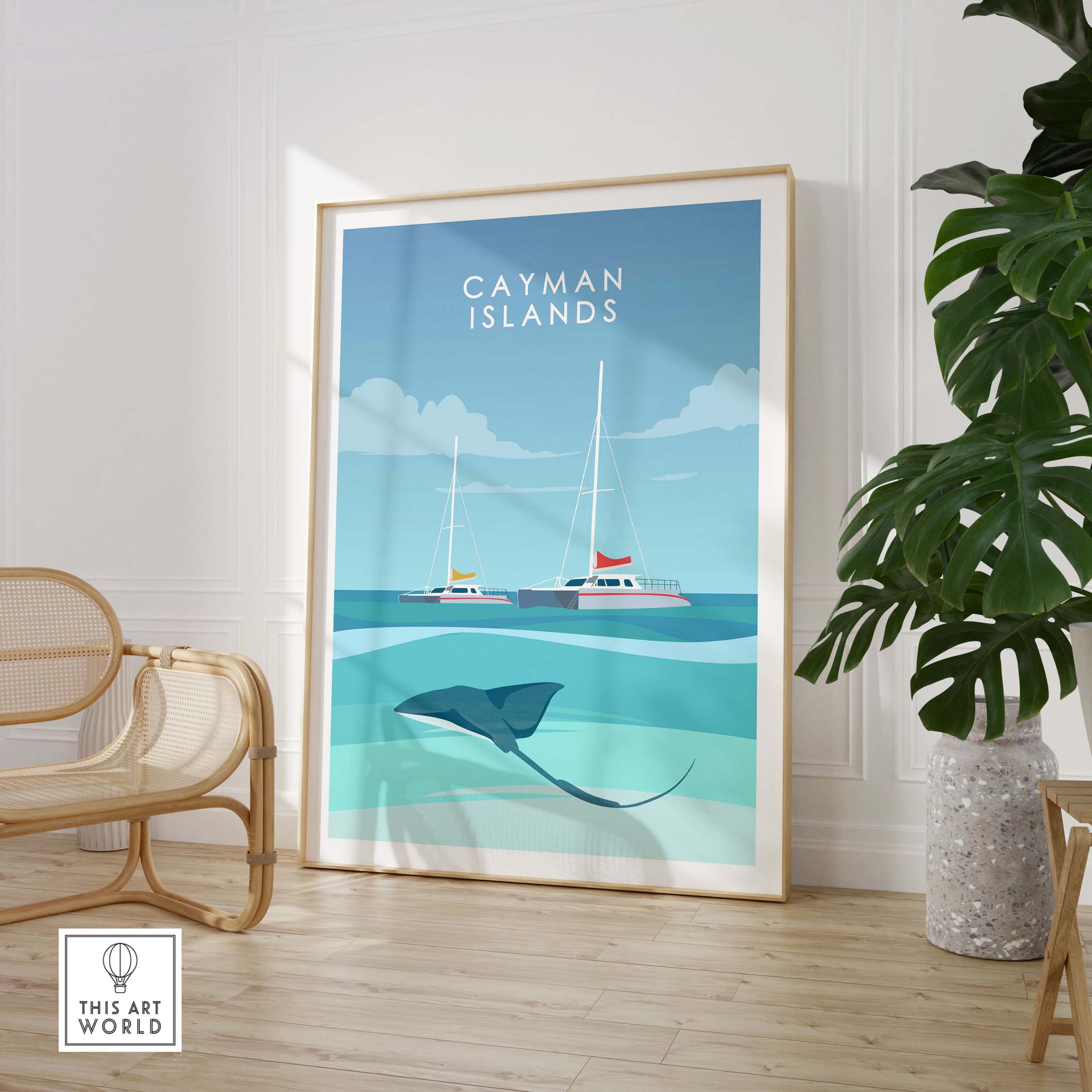 Cayman Islands poster print featuring a stingray and sailboats, perfect for home or office decor.