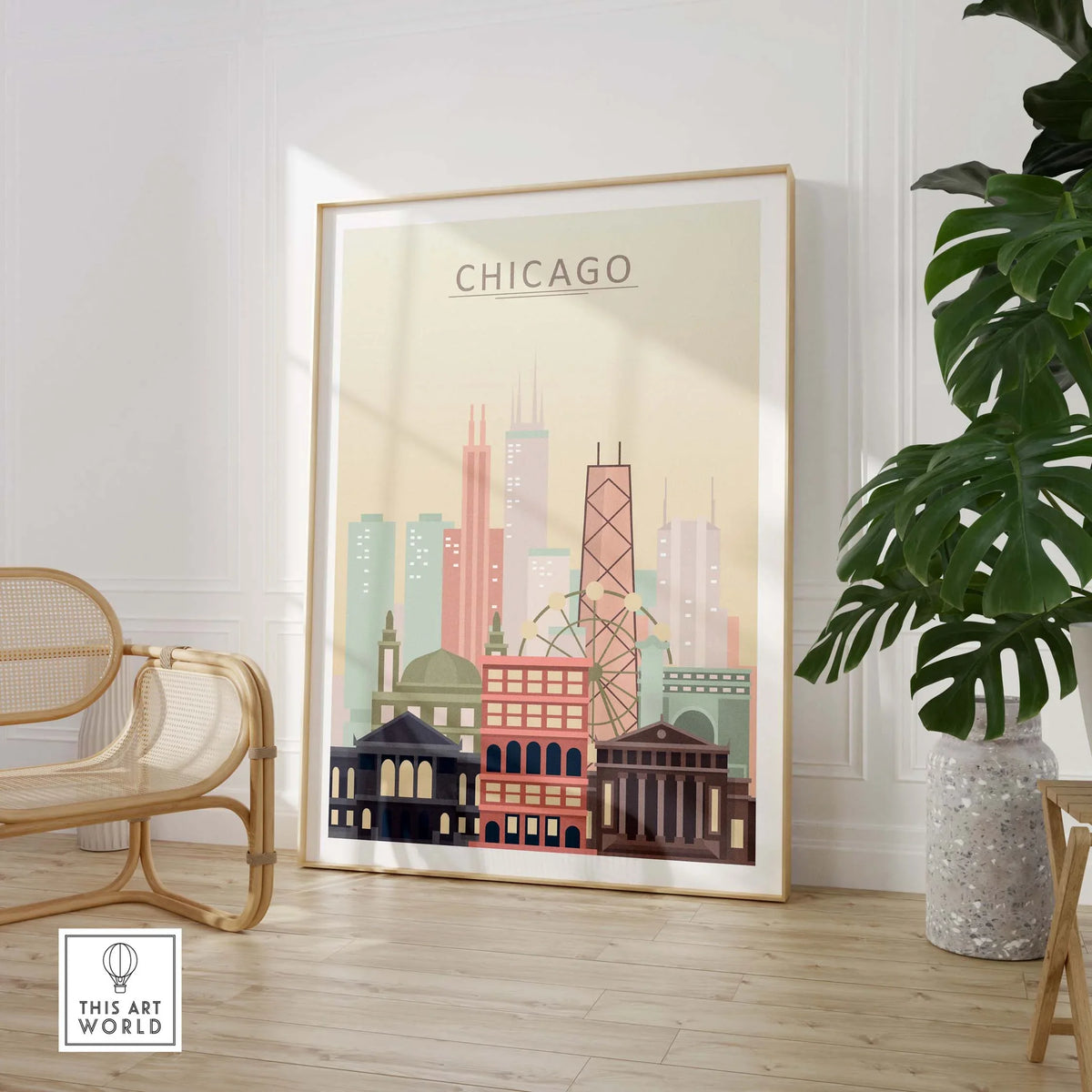 Chicago skyline wall art poster featuring iconic buildings in warm pastel tones, showcasing the city's architectural beauty.