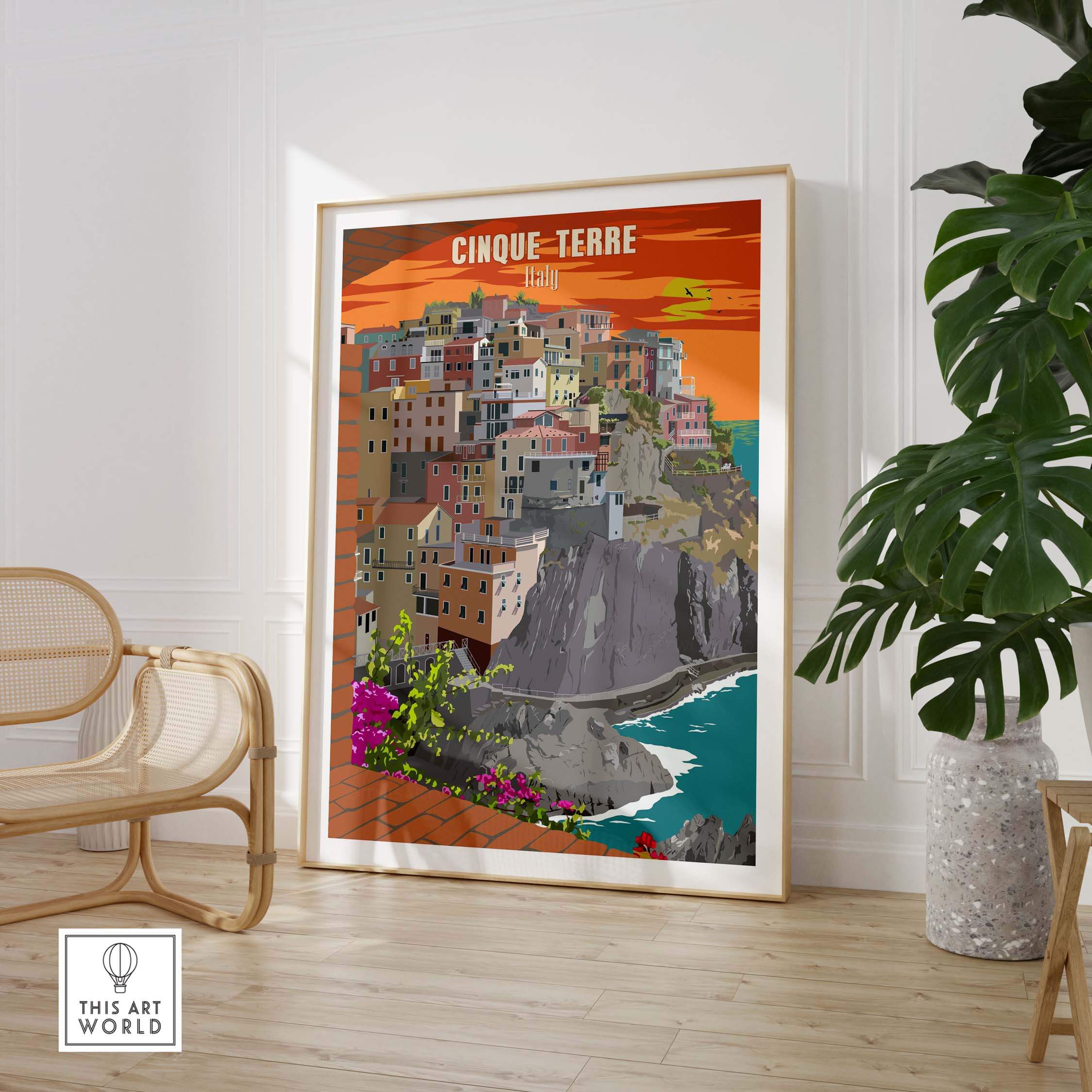 Cinque Terre Italy poster print wall art featuring colorful coastal village scenery in a stylish framed display.