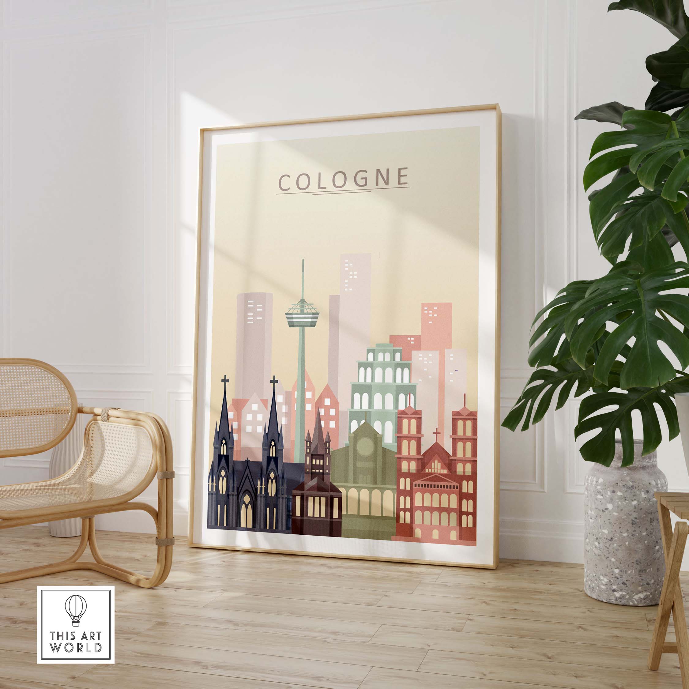 Cologne skyline print wall art showcasing iconic buildings in warm pastel tones, perfect for city decor.
