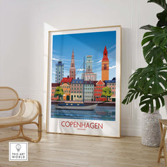 Copenhagen Wall Art Print showcasing colorful buildings and a sailboat, perfect for home or office decor.