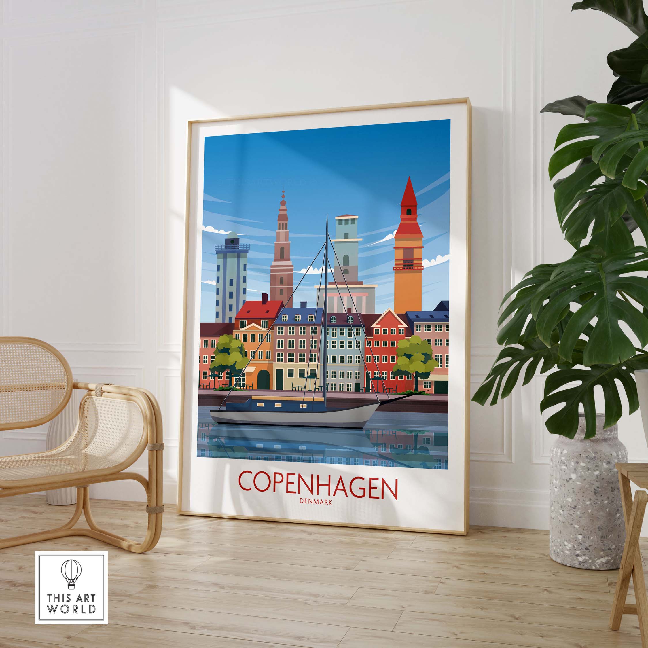 Copenhagen Wall Art Print showcasing colorful buildings and a sailboat, perfect for home or office decor.