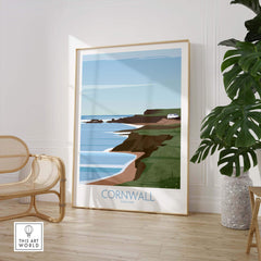 Cornwall Poster Print showcasing a coastal landscape, framed in a stylish living space with modern decor.