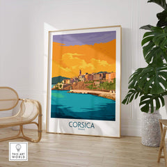 Vintage-inspired Corsica poster showcasing a coastal town in France with vibrant colors and abstract landscape.
