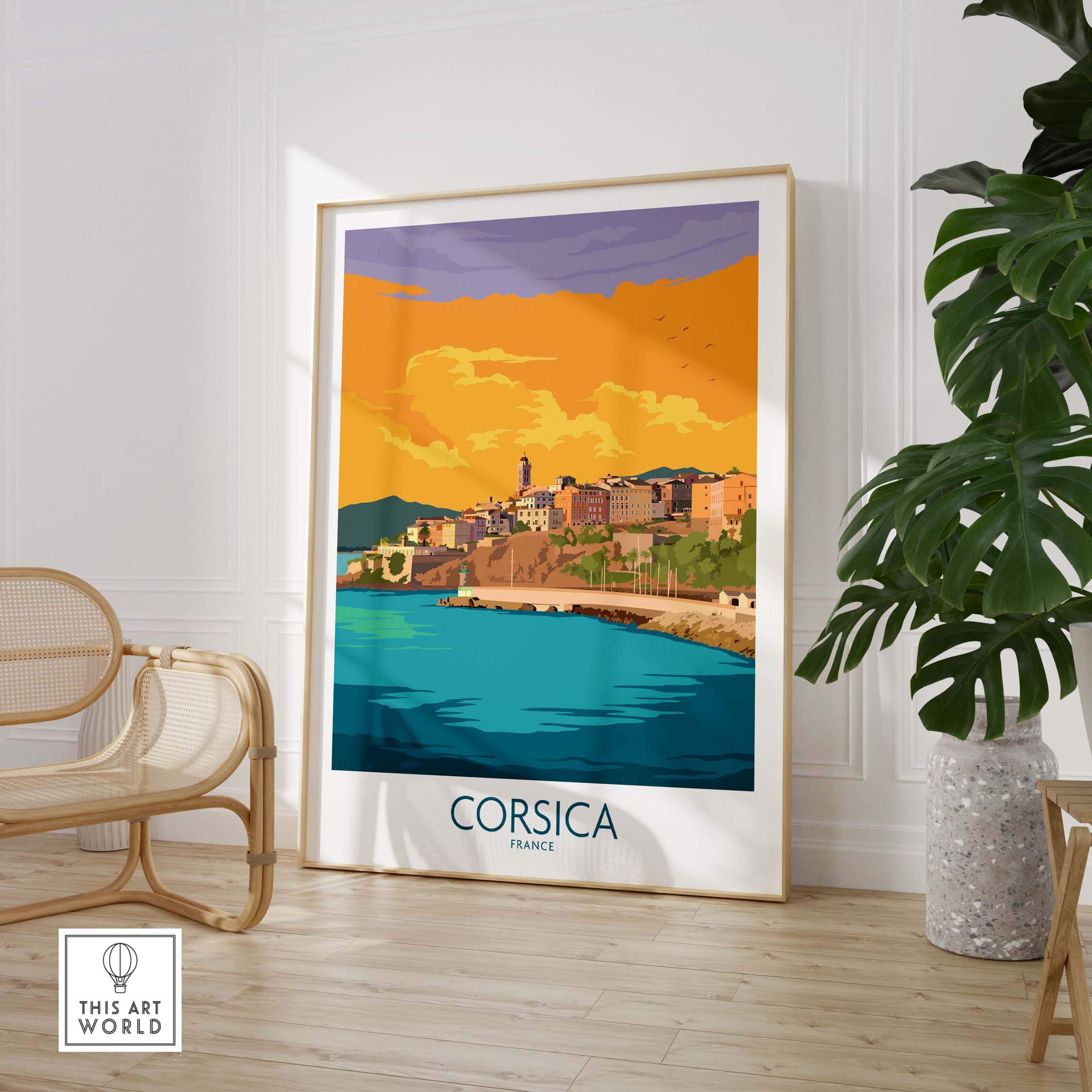 Vintage-inspired Corsica poster showcasing a coastal town in France with vibrant colors and abstract landscape.