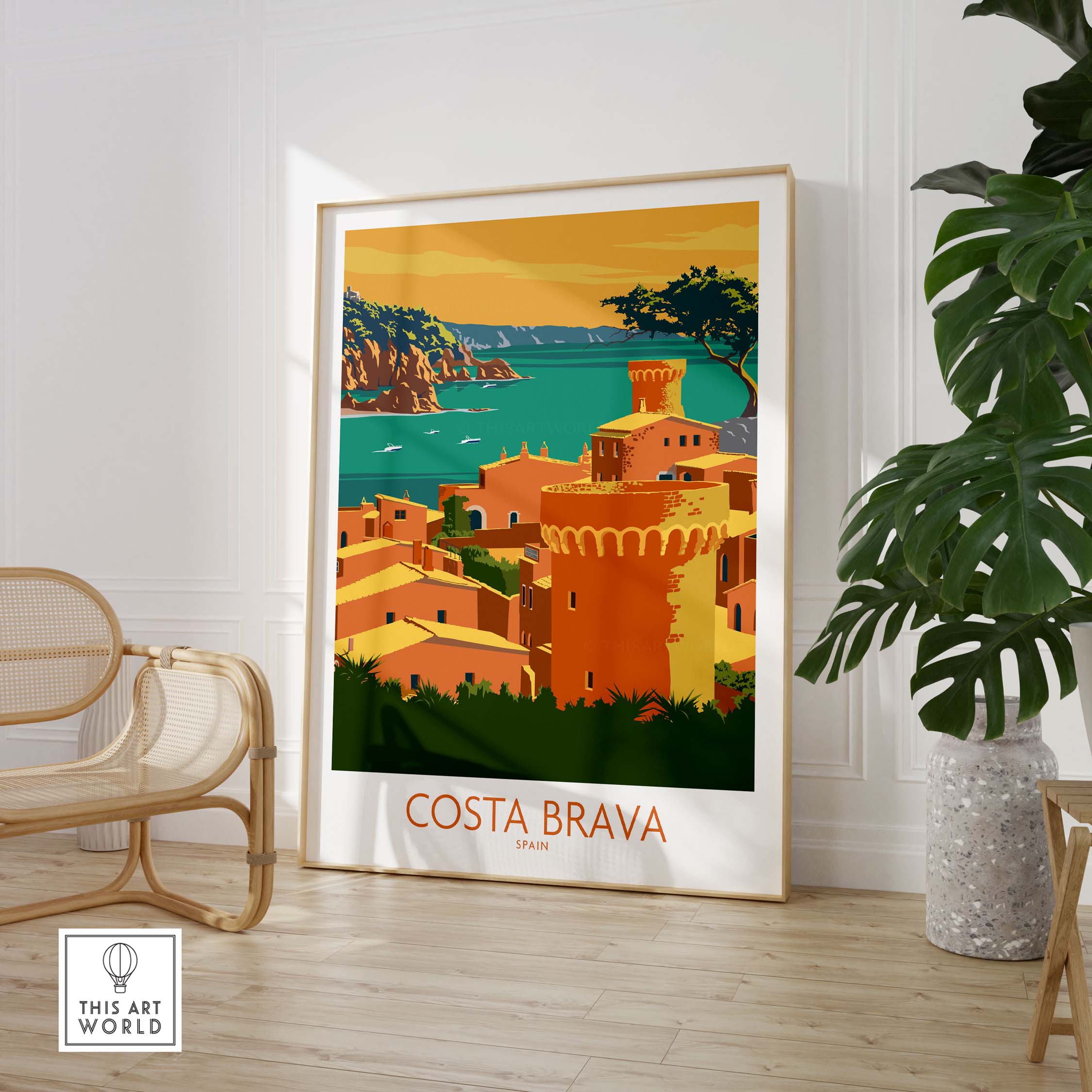 Costa Brava poster featuring vibrant landscape and vintage design, perfect for travel enthusiasts and home decor.