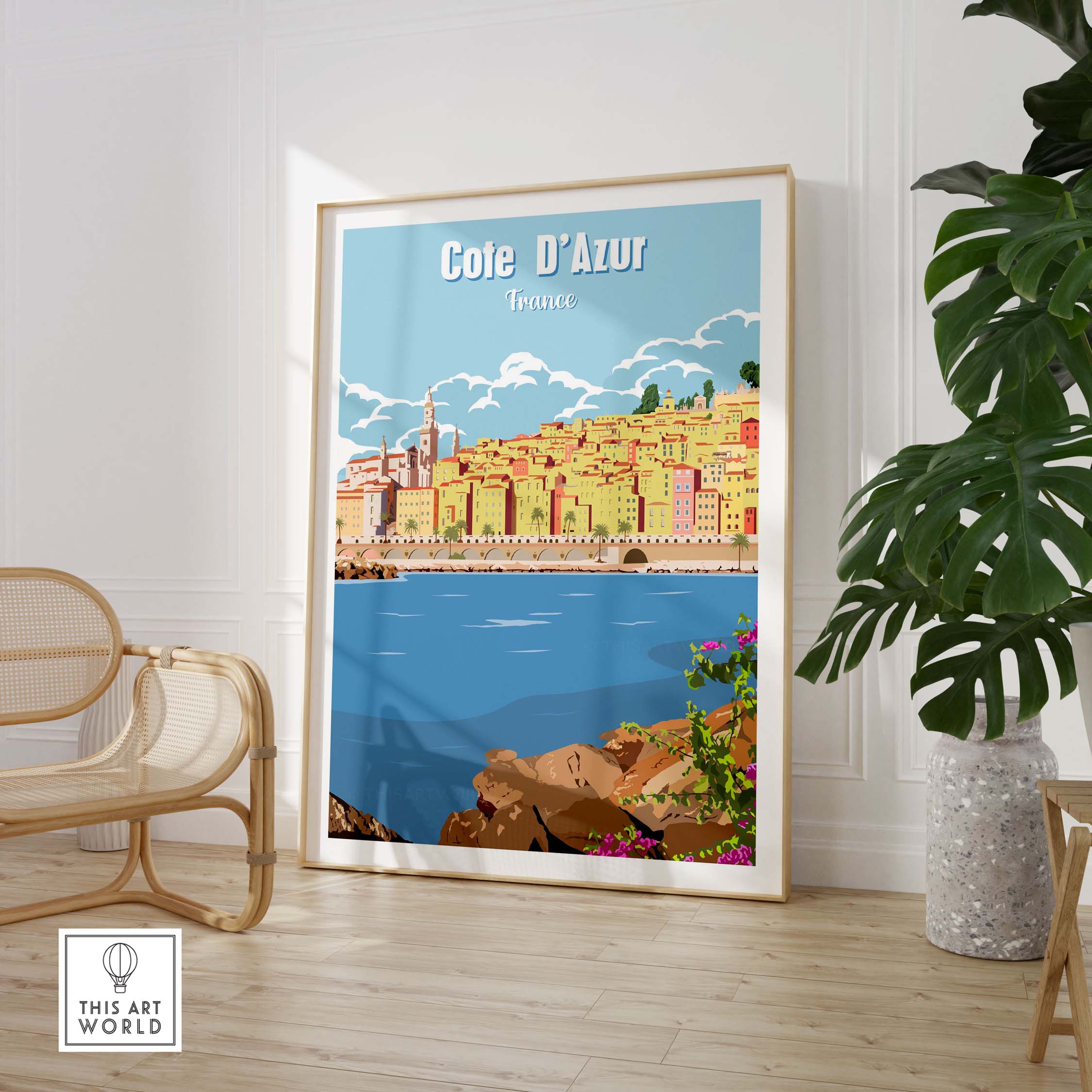 Cote d'Azur Poster Print Wall Art featuring colorful coastal town scenery in a stylish frame.