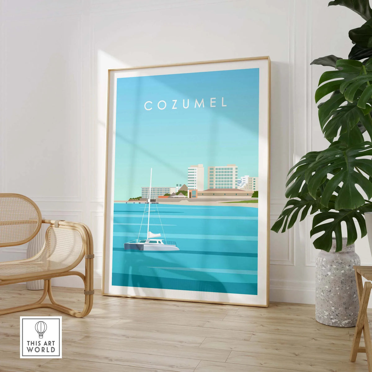 Cozumel Art Print featuring a sailboat and beach view, styled in a vintage travel poster design.