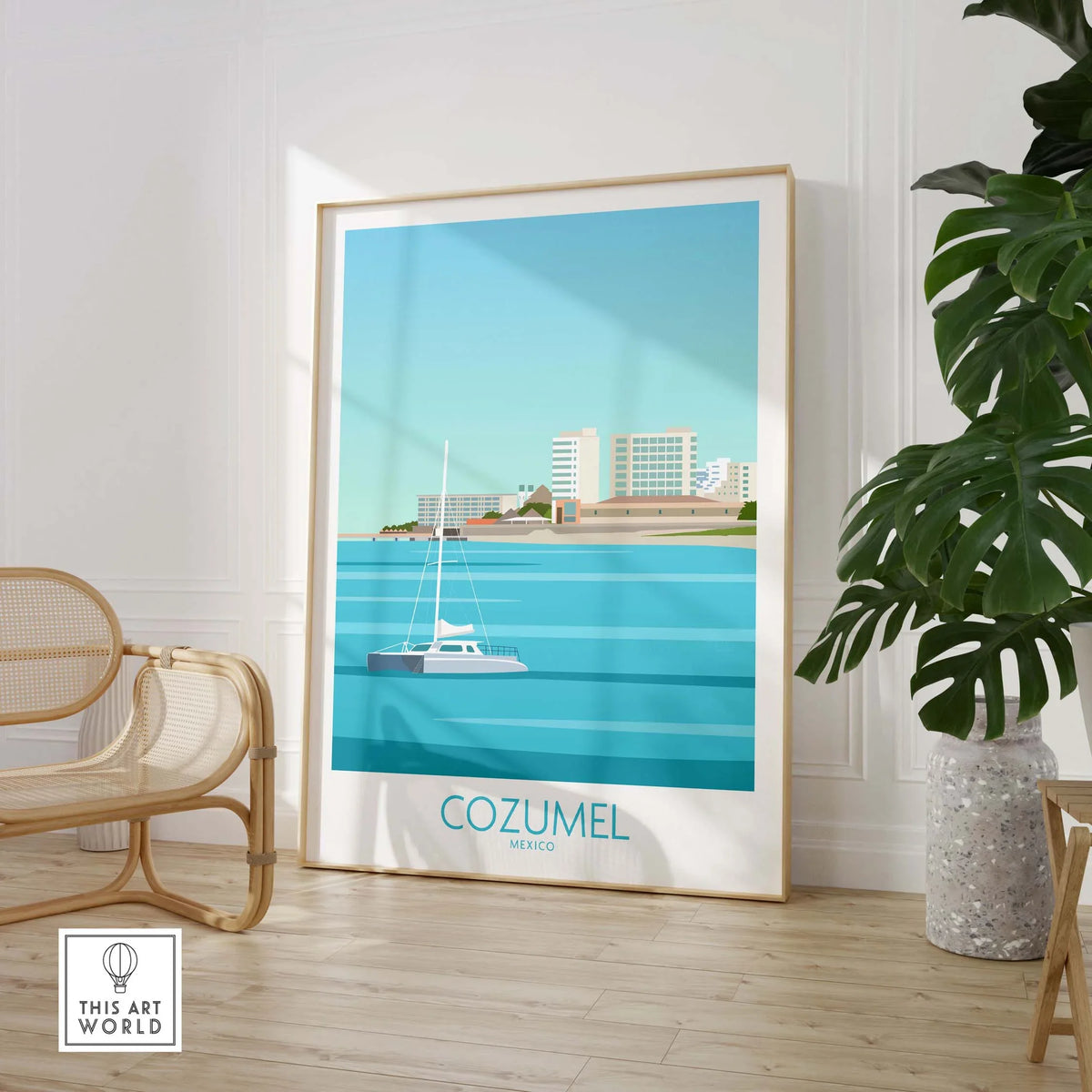 Cozumel poster featuring a scenic view of the beach and sailboat, perfect for adding vintage travel charm to any space.