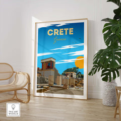 Crete travel poster print in a minimalist frame, showcasing vibrant colors and Greek landmarks.