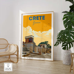 Vintage travel poster of Crete, Greece featuring vibrant colors and architectural elements, framed in a stylish interior.