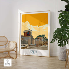 Vintage travel poster of Crete, Greece, featuring colorful artwork and a scenic landscape.