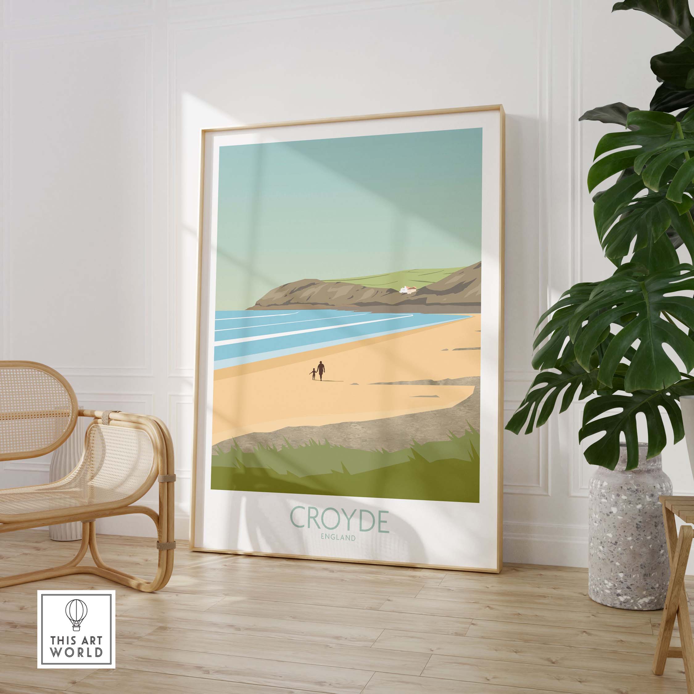 Croyde Beach poster framed in a modern interior, showcasing a scenic beach view in Devon, England.