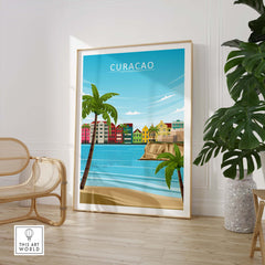 Curacao poster print featuring a vibrant beach scene with palm trees and colorful houses, ideal for home decor.
