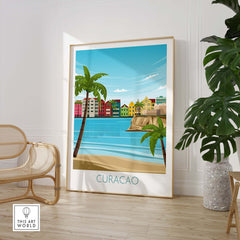 Curacao wall art travel poster featuring colorful houses by the beach and palm trees, perfect for home decor.