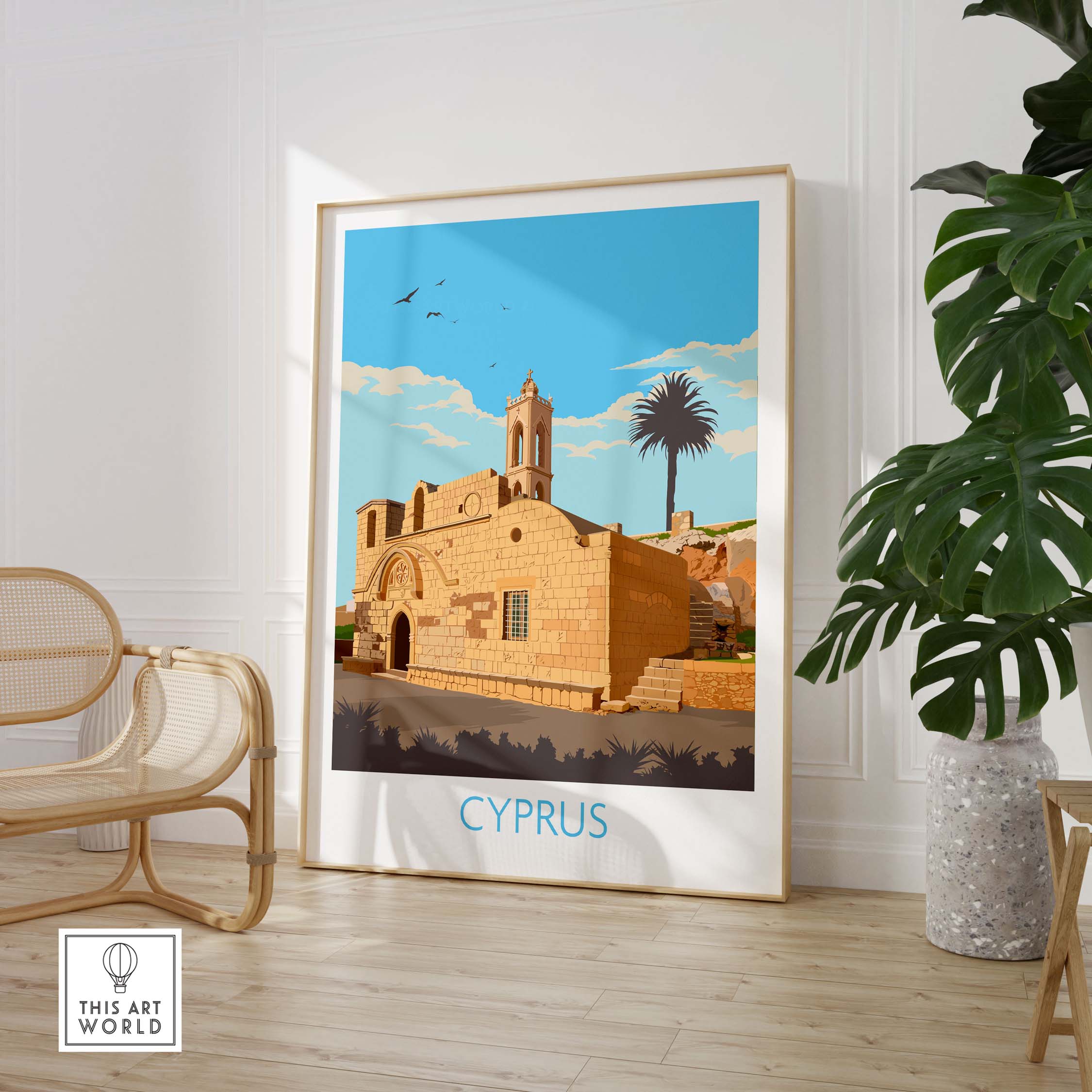 Cyprus Poster Print featuring a vintage-style illustration of a landmark, perfect for travel-inspired home decor.
