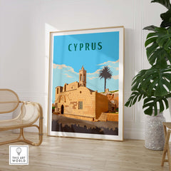 Cyprus travel print featuring a vintage-inspired design with a stone building and palm tree, stylish wall art decor.
