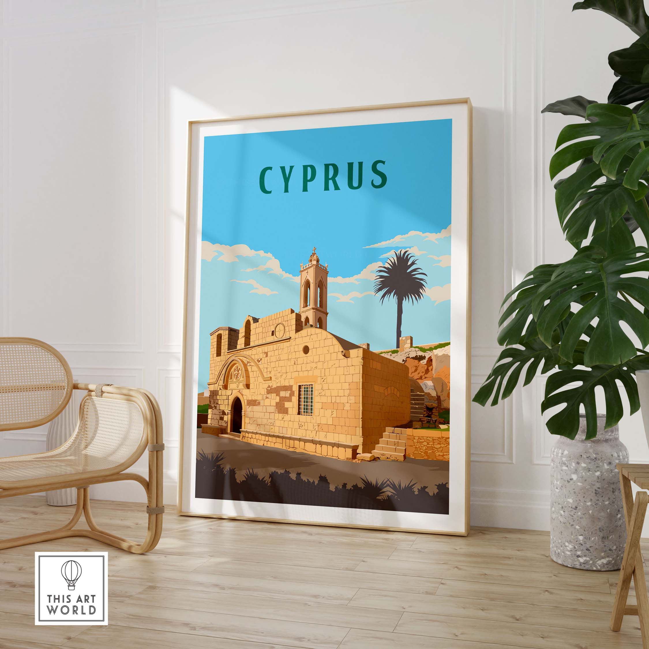 Cyprus travel print featuring a vintage-inspired design with a stone building and palm tree, stylish wall art decor.