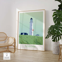 Denmark Poster Print featuring a lighthouse, perfect for travel-inspired wall art in home or office decor.