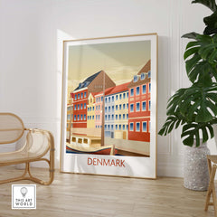 Denmark poster art print featuring colorful buildings in a minimalist design, perfect for home or office decor.