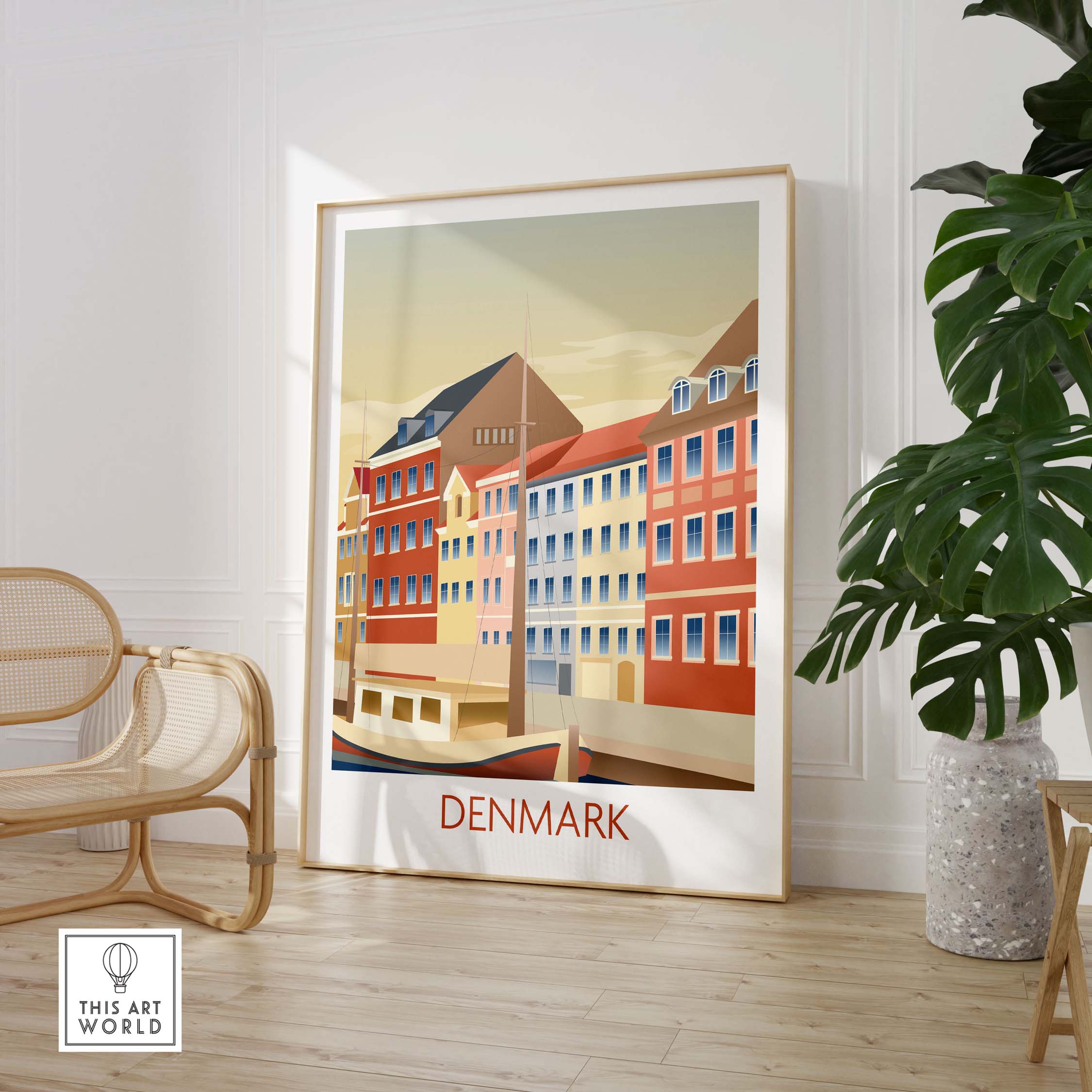 Denmark poster art print featuring colorful buildings in a minimalist design, perfect for home or office decor.