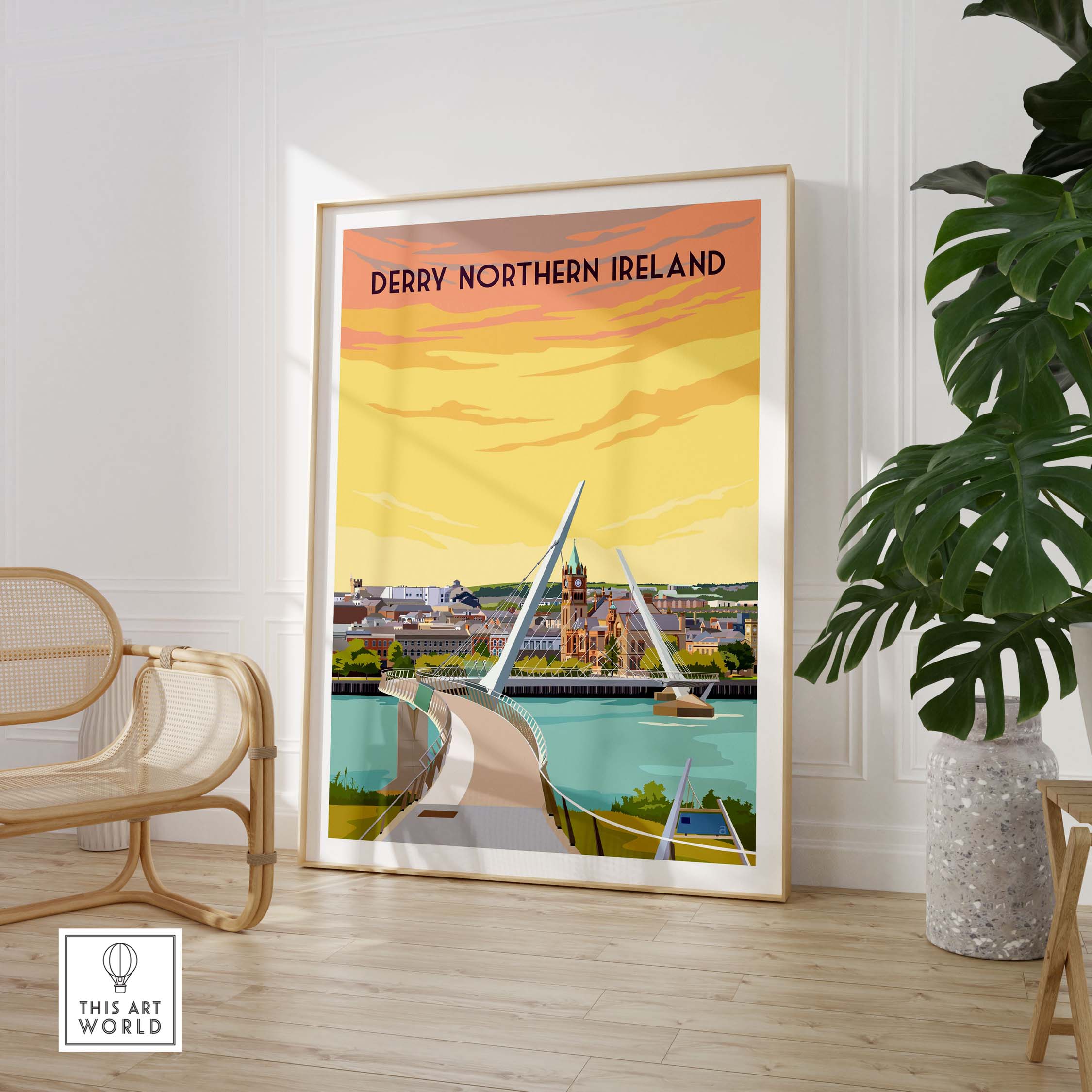 Derry Print Poster Wall Art featuring Peace Bridge, Northern Ireland, in a vintage style for home or office decor.