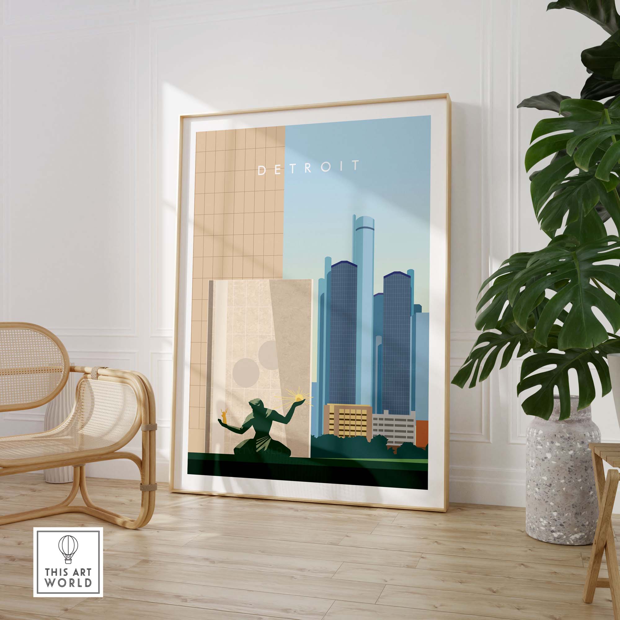 Detroit Travel Poster Print featuring minimalist design and vibrant colors, perfect for home or office decor.