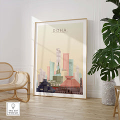 Doha City Skyline print wall art featuring iconic buildings in pastel tones, perfect for home decor.