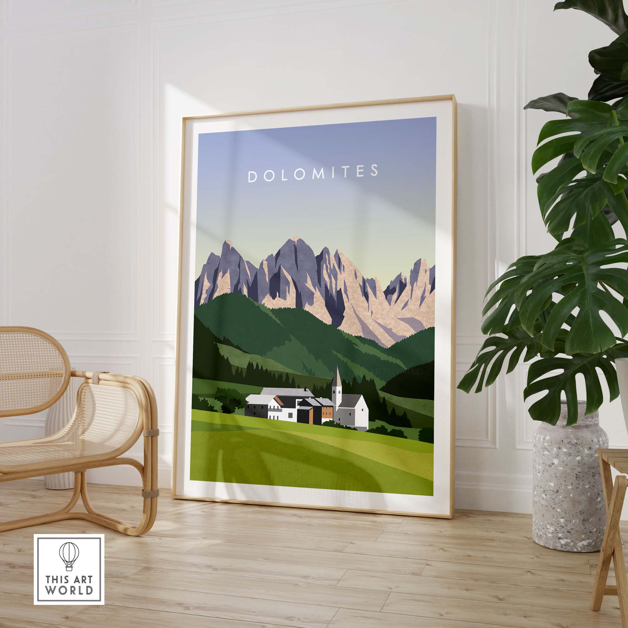 Dolomites travel poster print in minimalist style, showcasing mountains and greenery, perfect for home decor.