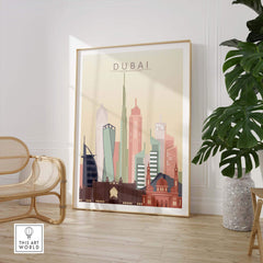 Dubai city skyline wall art print in warm pastel tones, framed and displayed in a modern living room setting.