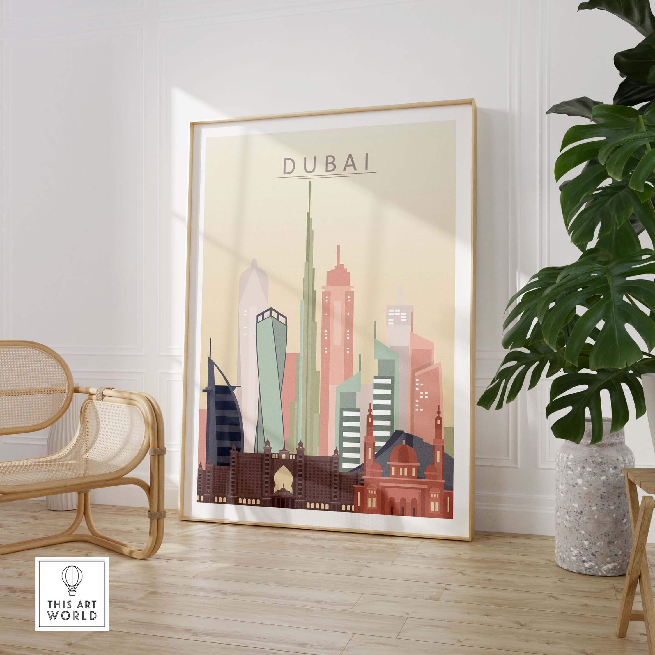 Dubai city skyline wall art print in warm pastel tones, framed and displayed in a modern living room setting.