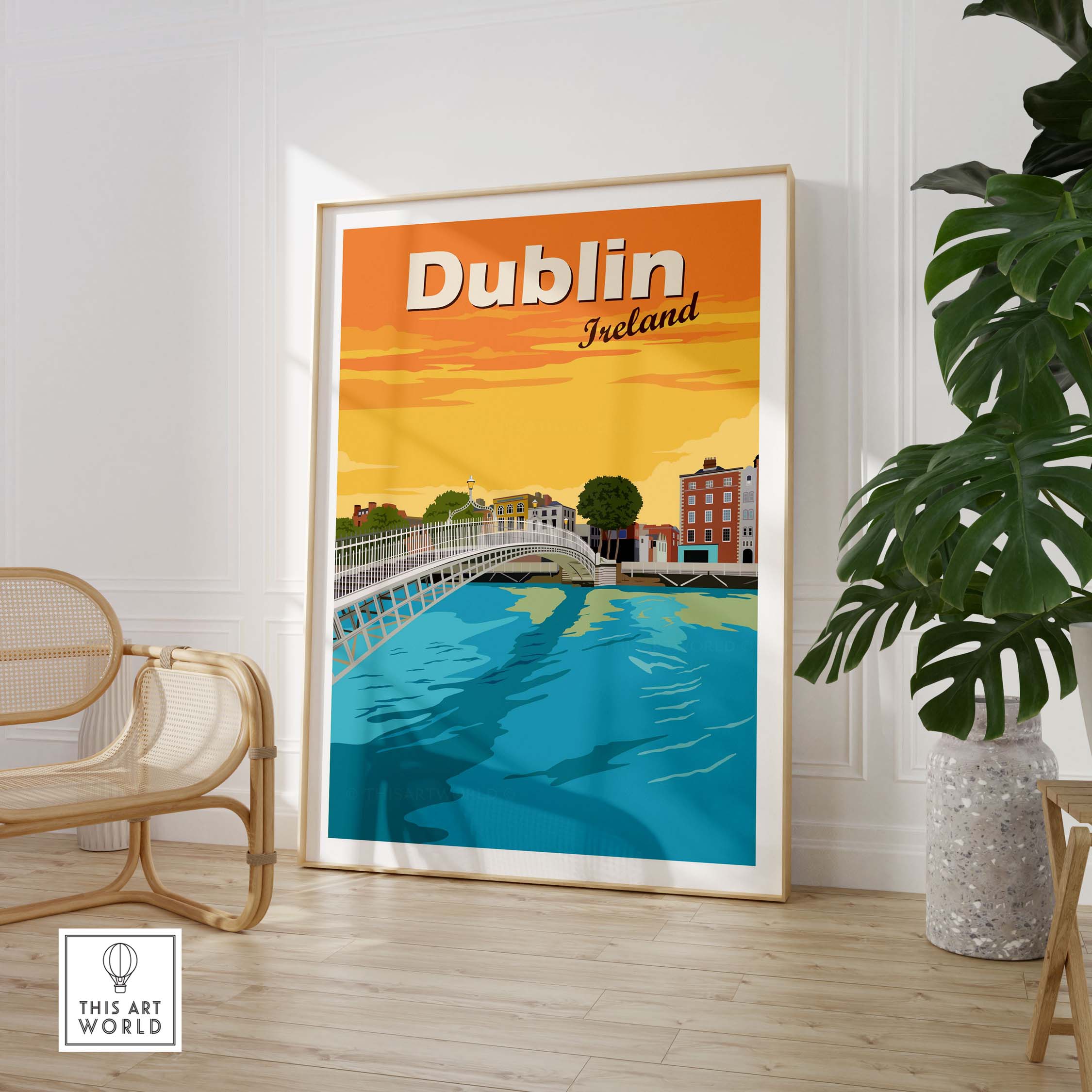 Vintage Dublin print poster showcasing colorful buildings and river view, ideal for home or office wall decor.