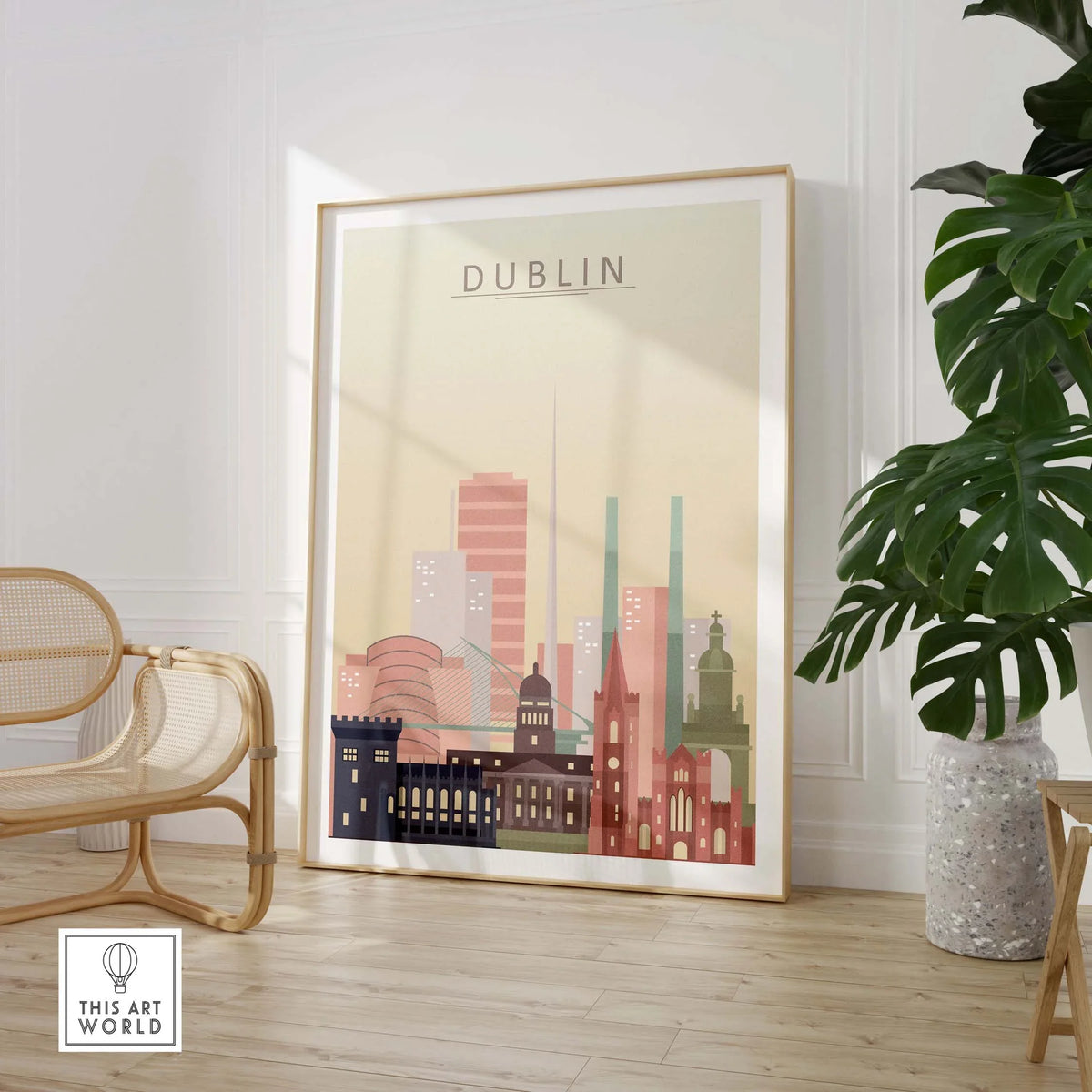 Dublin skyline wall art print in warm pastel tones, showcasing iconic buildings for stylish home decor.