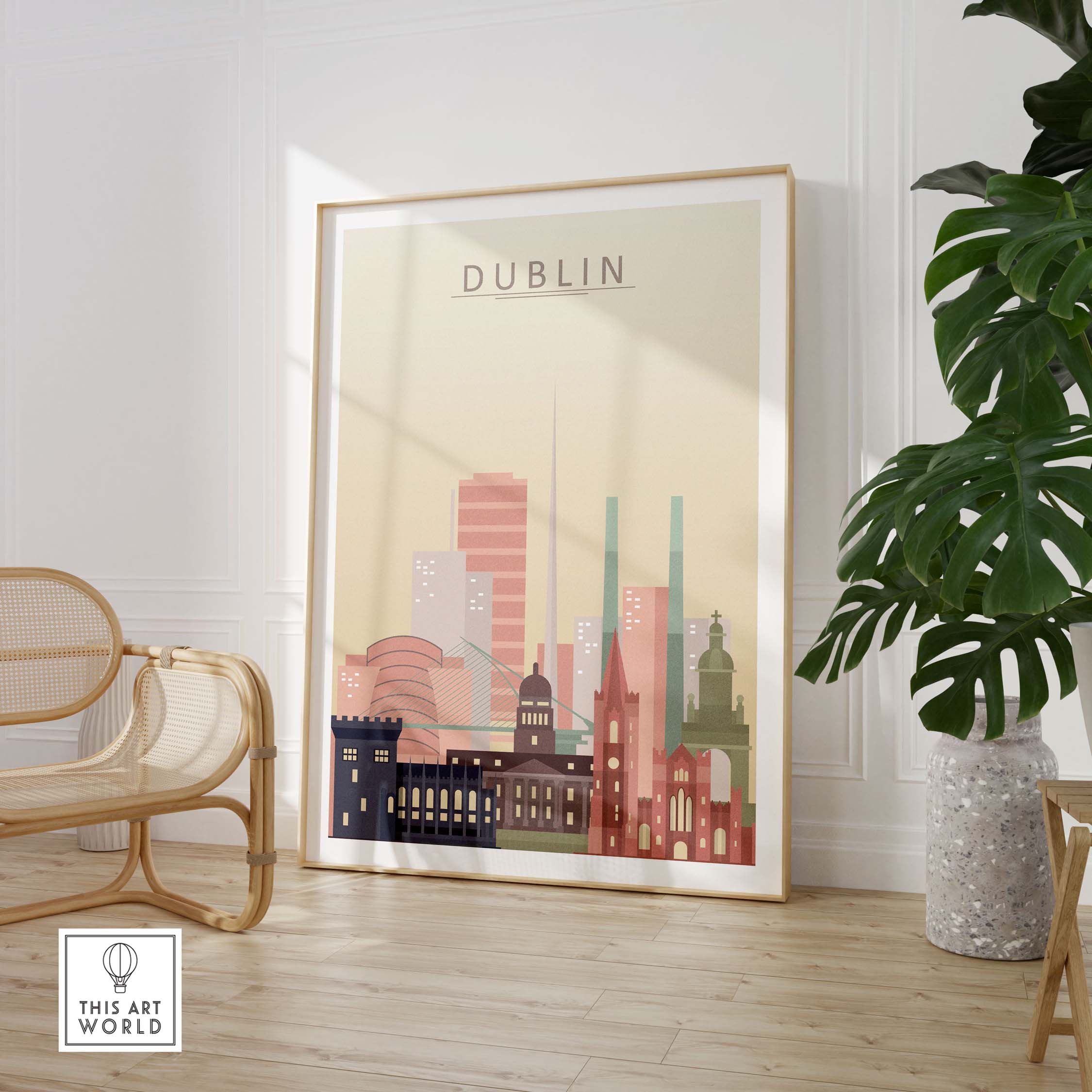 Dublin skyline wall art print in warm pastel tones, showcasing iconic buildings for stylish home decor.