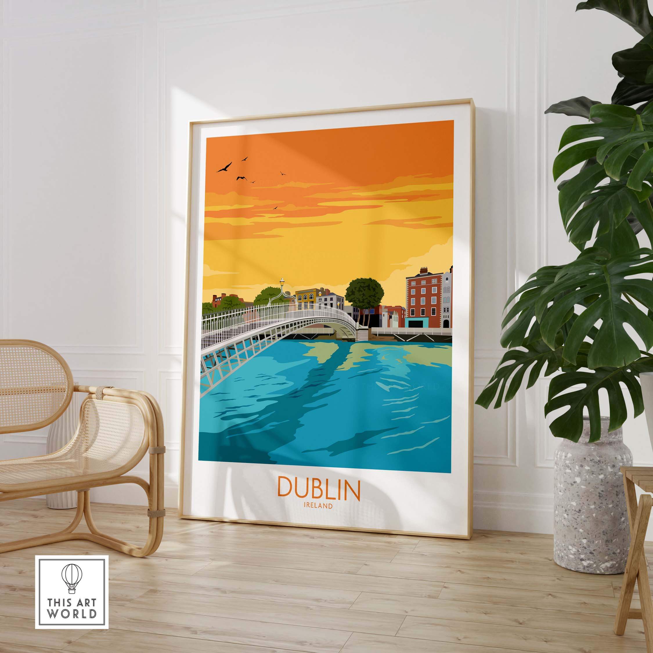 Dublin Print Ireland Poster featuring Ha'penny Bridge against a sunset backdrop for stylish home decor.