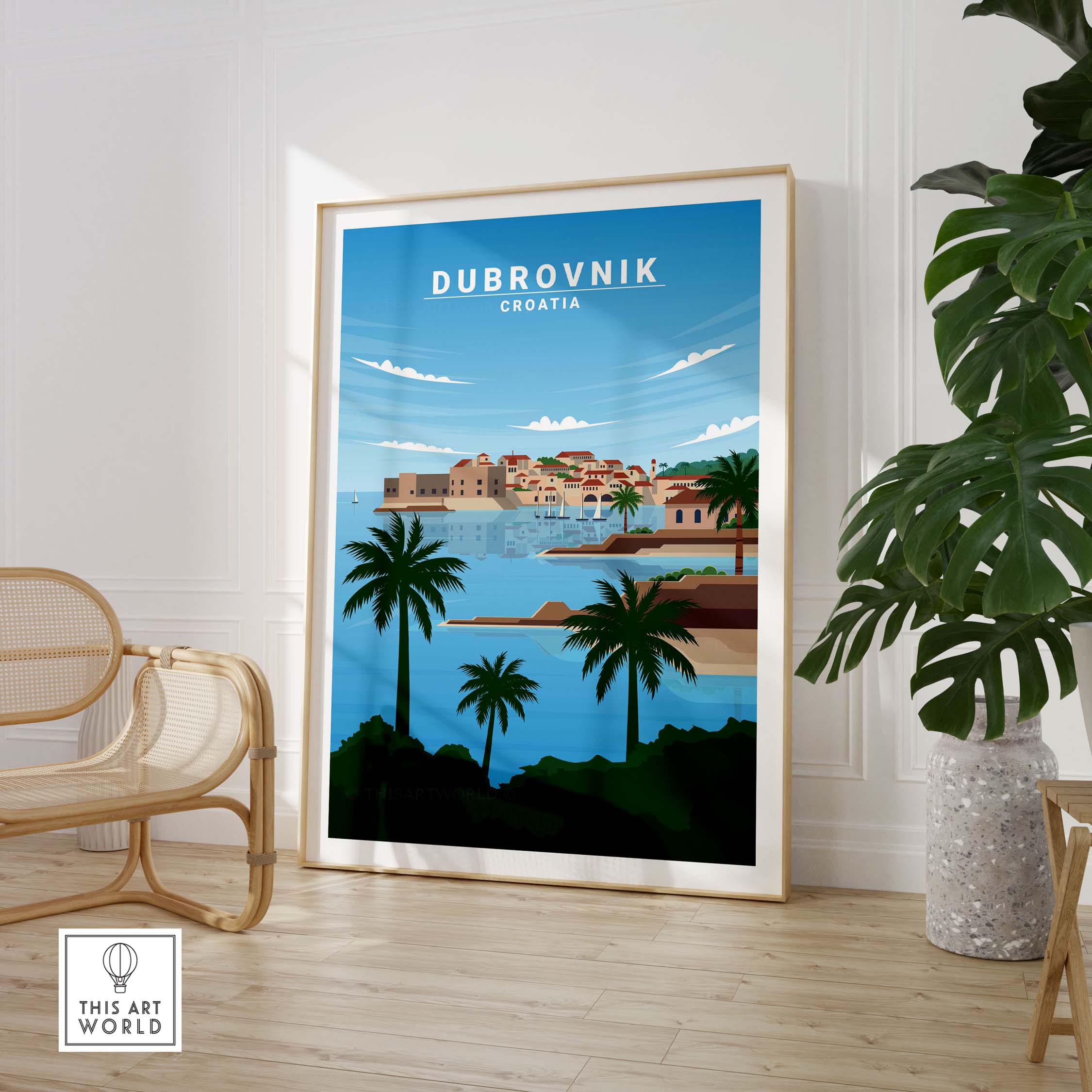 Dubrovnik Art Print poster featuring a vibrant coastal scene of Croatia with palm trees and vintage style.