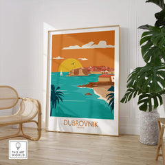 Dubrovnik Poster Art Print showcasing the coastal beauty of Croatia with vibrant colors and vintage style.