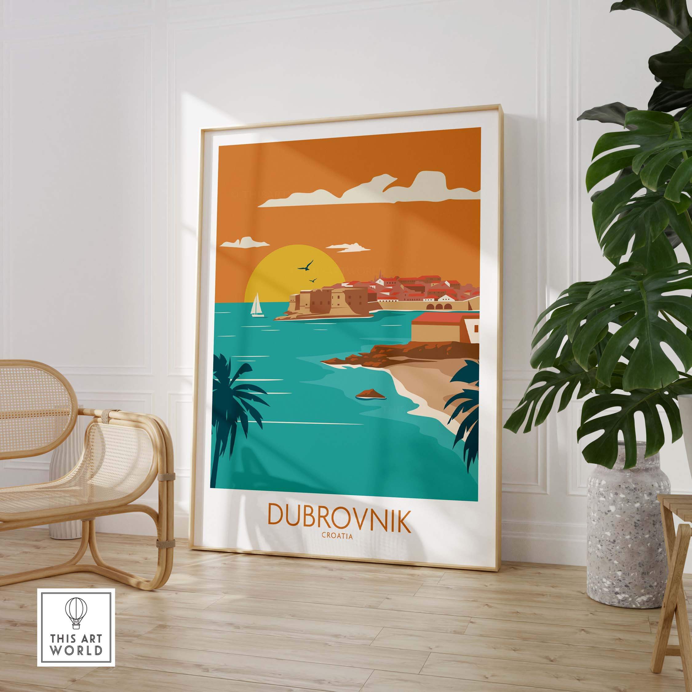 Dubrovnik Poster Art Print showcasing the coastal beauty of Croatia with vibrant colors and vintage style.