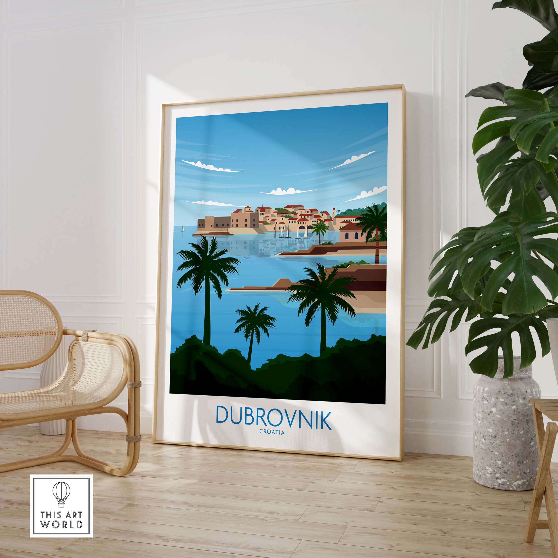 Dubrovnik Poster Art Fine Art Print featuring a coastal view with palm trees and vibrant colors.