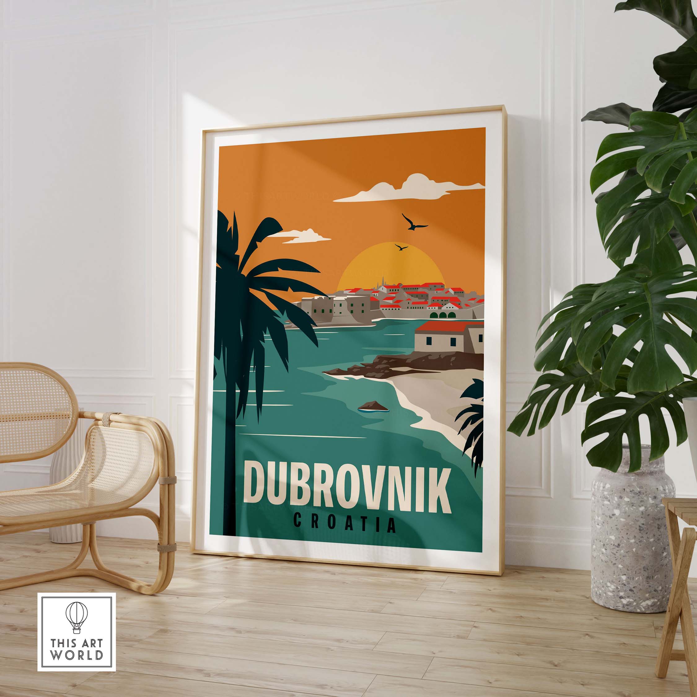 Dubrovnik Poster Wall Art Print showcasing vibrant coastal scenery and vintage travel style.