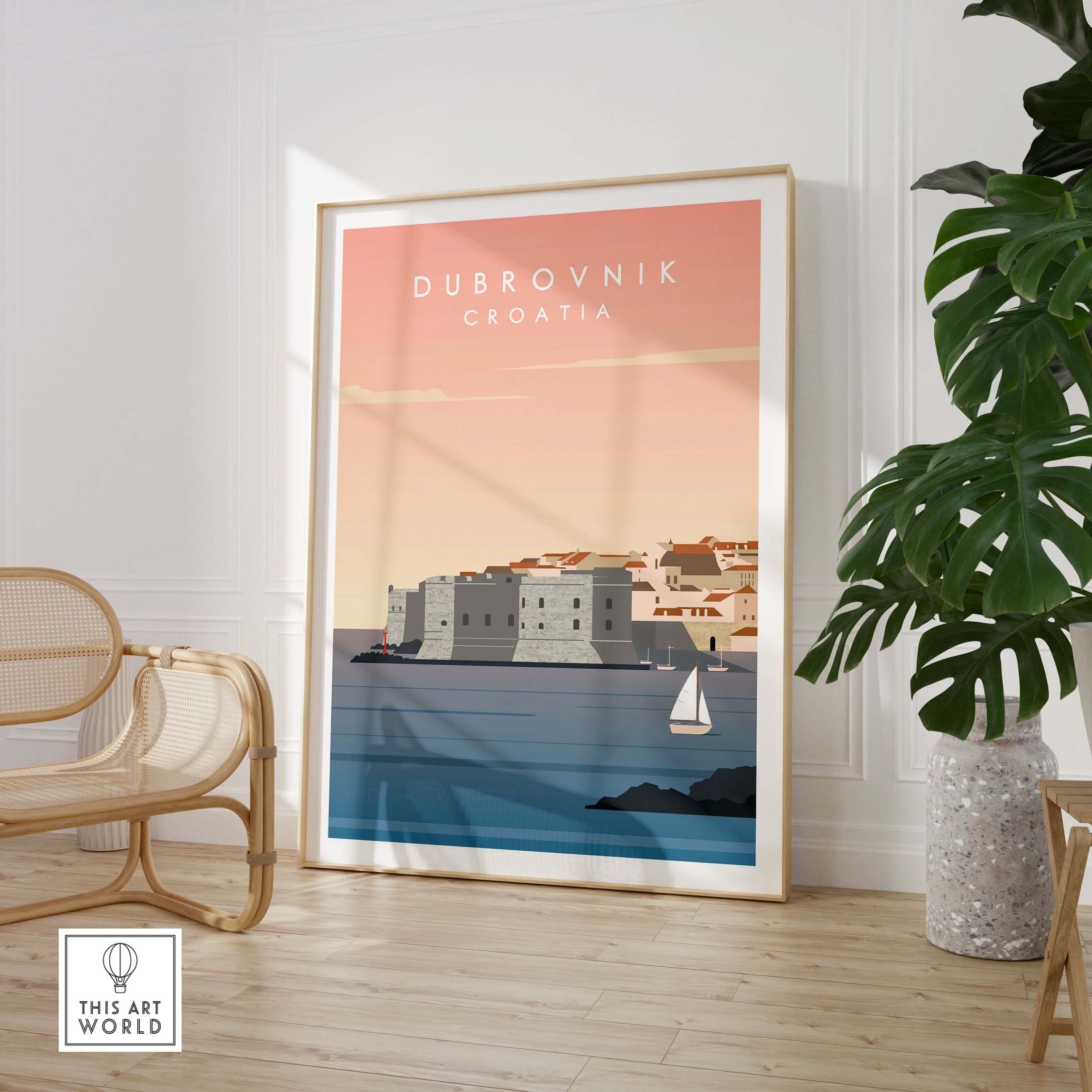 Dubrovnik Print Wall Art Poster featuring vintage-inspired travel design, framed artwork in a stylish interior.