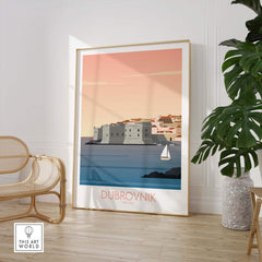 Dubrovnik print travel poster featuring coastal scenery and vintage design in a stylish home setting.