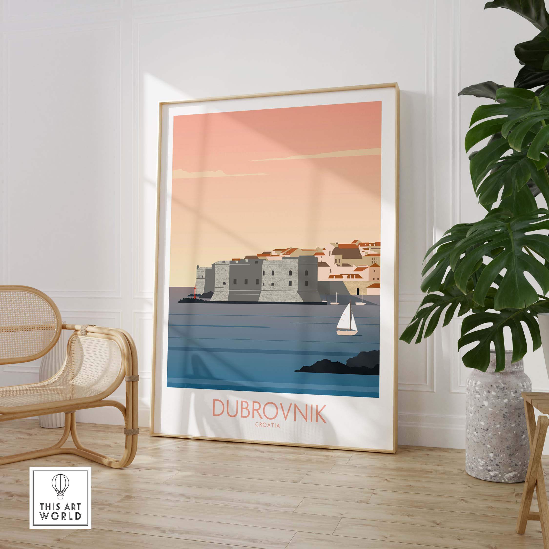 Dubrovnik print travel poster featuring coastal scenery and vintage design in a stylish home setting.