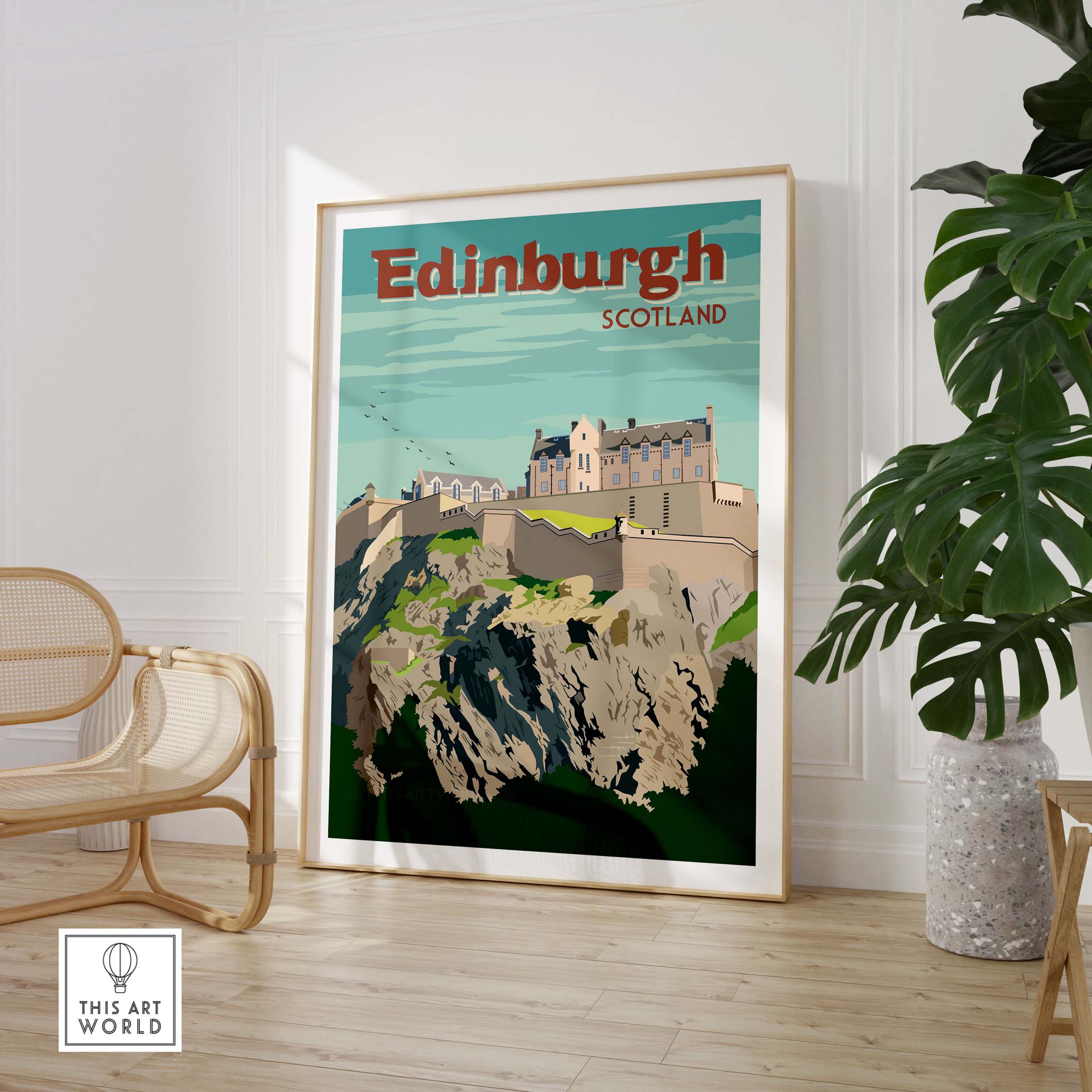 Vintage Edinburgh print poster wall art featuring Edinburgh Castle, ideal for home décor.