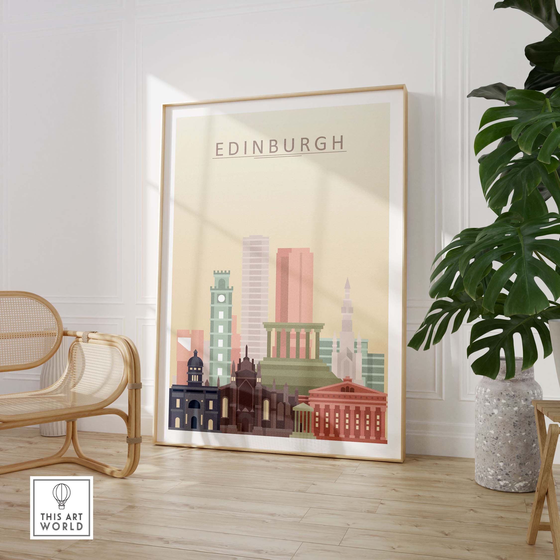 Edinburgh skyline print wall art in pastels, featuring iconic buildings, displayed in a stylish interior.