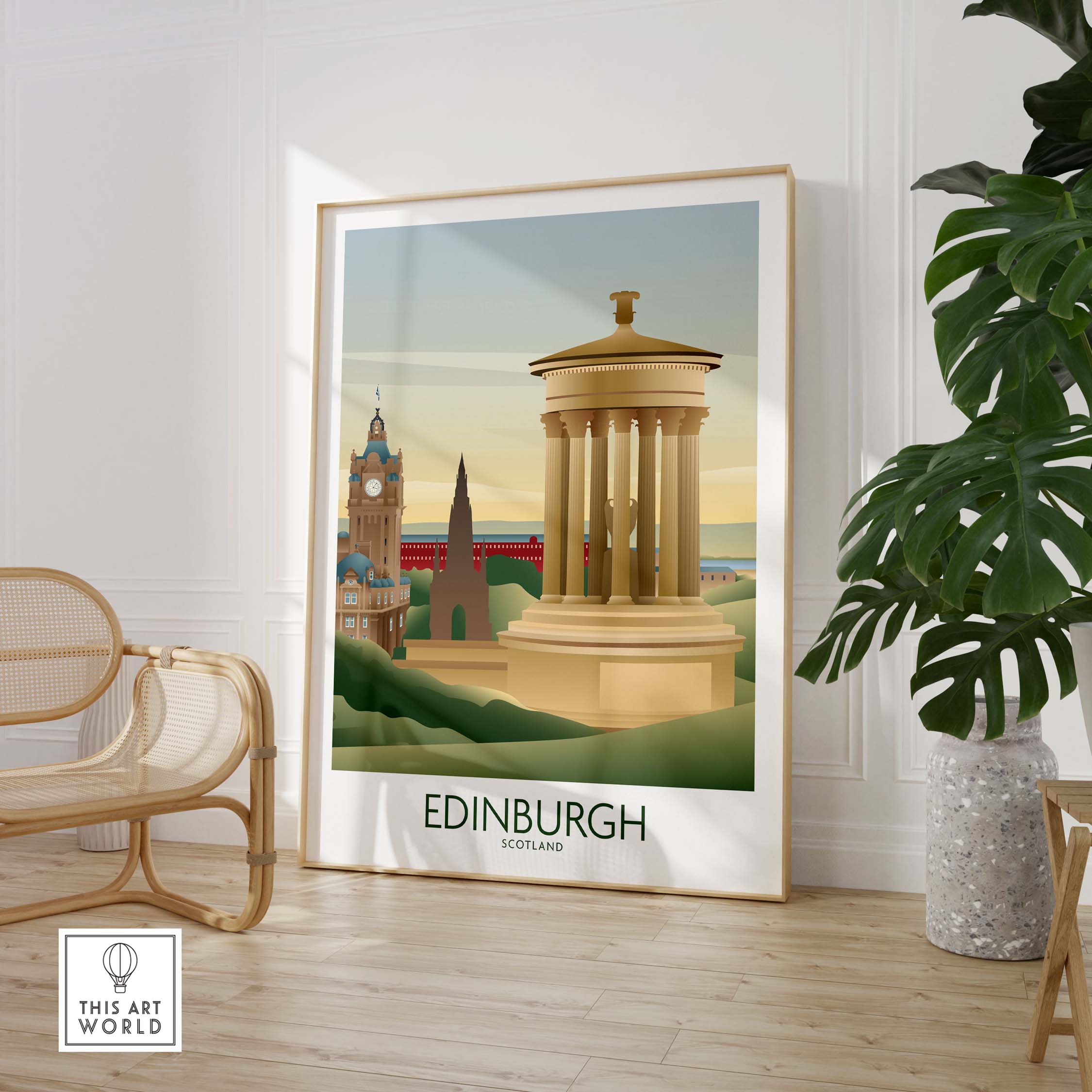Edinburgh Wall Art Print showcasing iconic Scottish landmarks in a stylish interior setting.