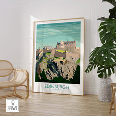 Edinburgh Scotland travel poster featuring the iconic Edinburgh Castle, framed wall art for home decor.