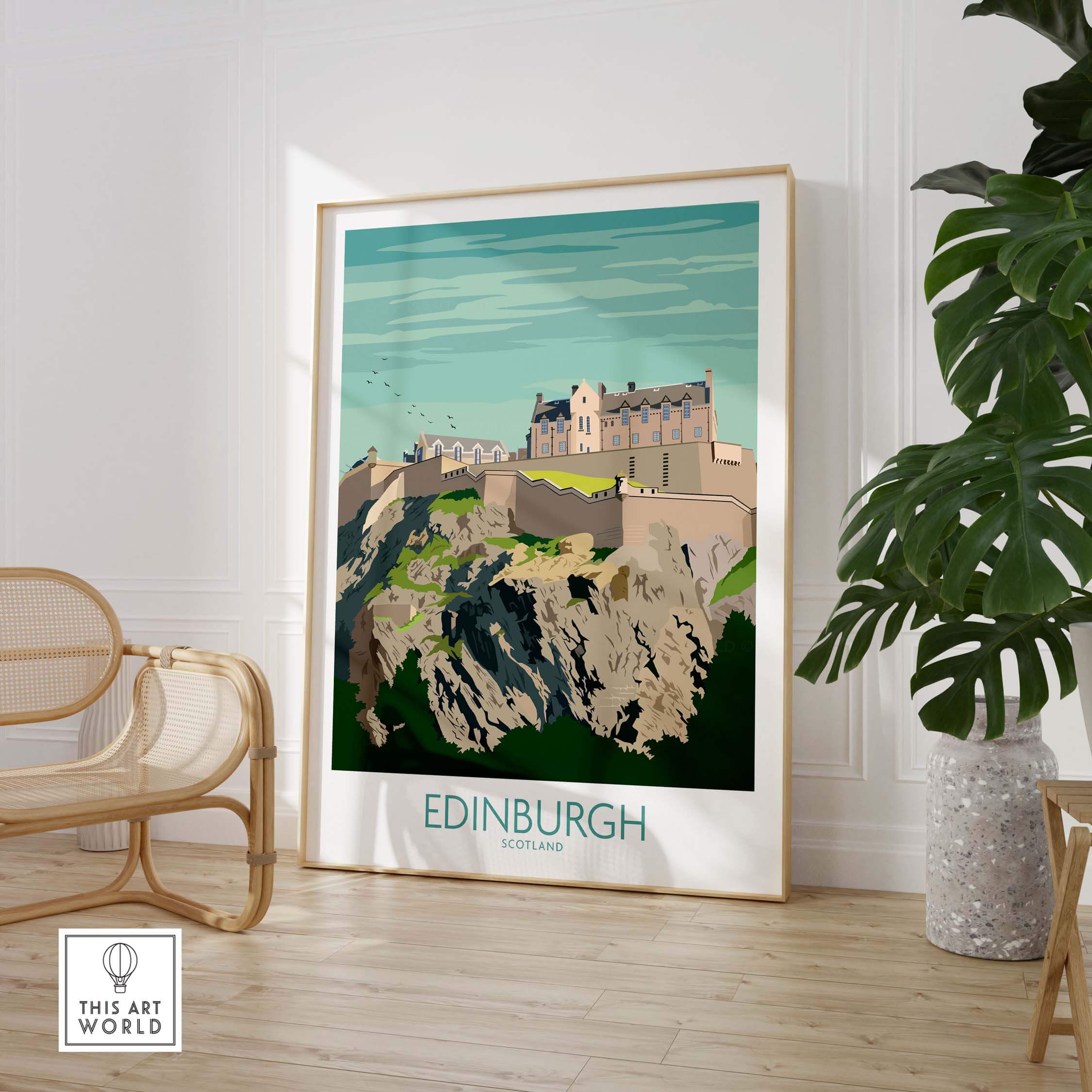 Edinburgh Scotland travel poster featuring the iconic Edinburgh Castle, framed wall art for home decor.