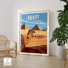 Egypt Wall Art Print featuring a camel and pyramids, vintage travel poster style for home decor.