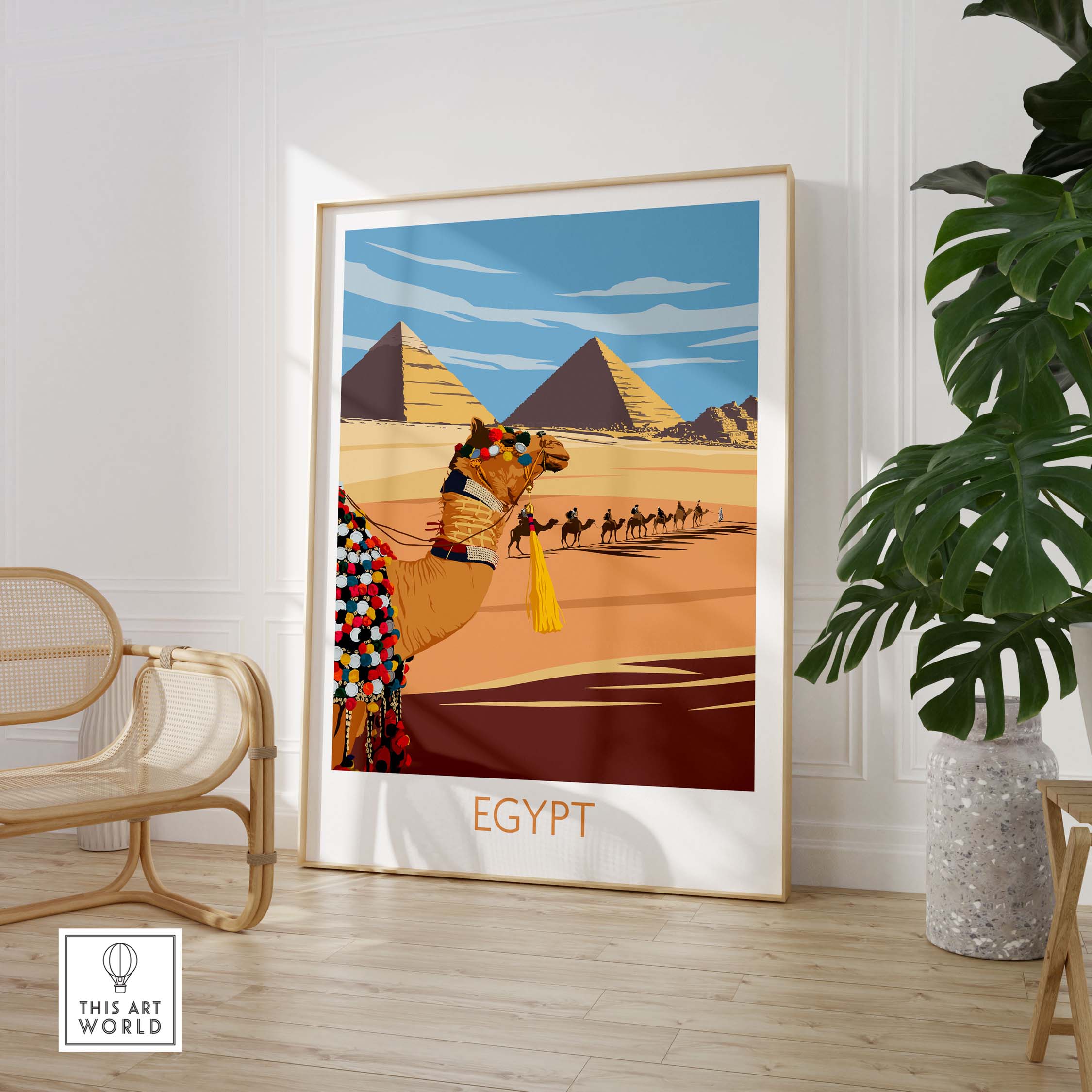Egypt poster wall art print featuring pyramids and camel, perfect for travel lovers and minimalist home decor.